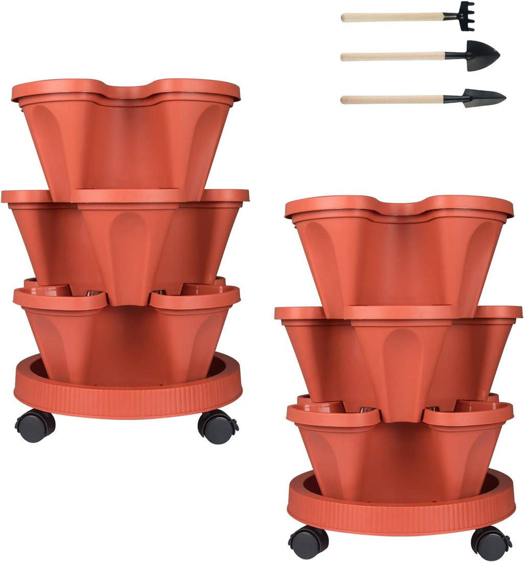 Vertical Planter 3 Tier Stackable Planters Garden Planters Strawberry Herb Flower and Vegetable Planter Indoor Outdoor Gardening Pots with Removable Wheels and Tools 2-Pack