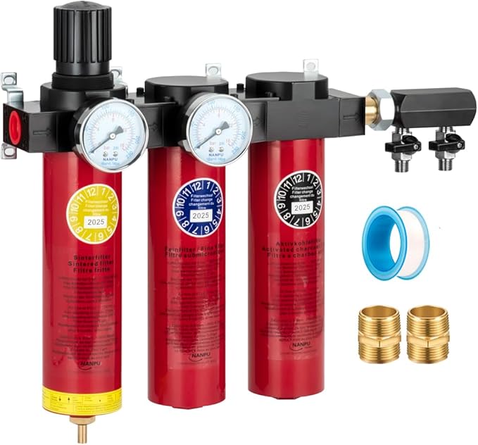 NANPU Z Series 3-Stage Air Filtration System - Sintered, Fine, & Charcoal Filters, 3/8" NPT Inlet, 1/4" NPT Outlet Module, 0-230 psi Gauge, 127 CFM @ 6 bar, Metal Housing, Heat Resistant to 248°F