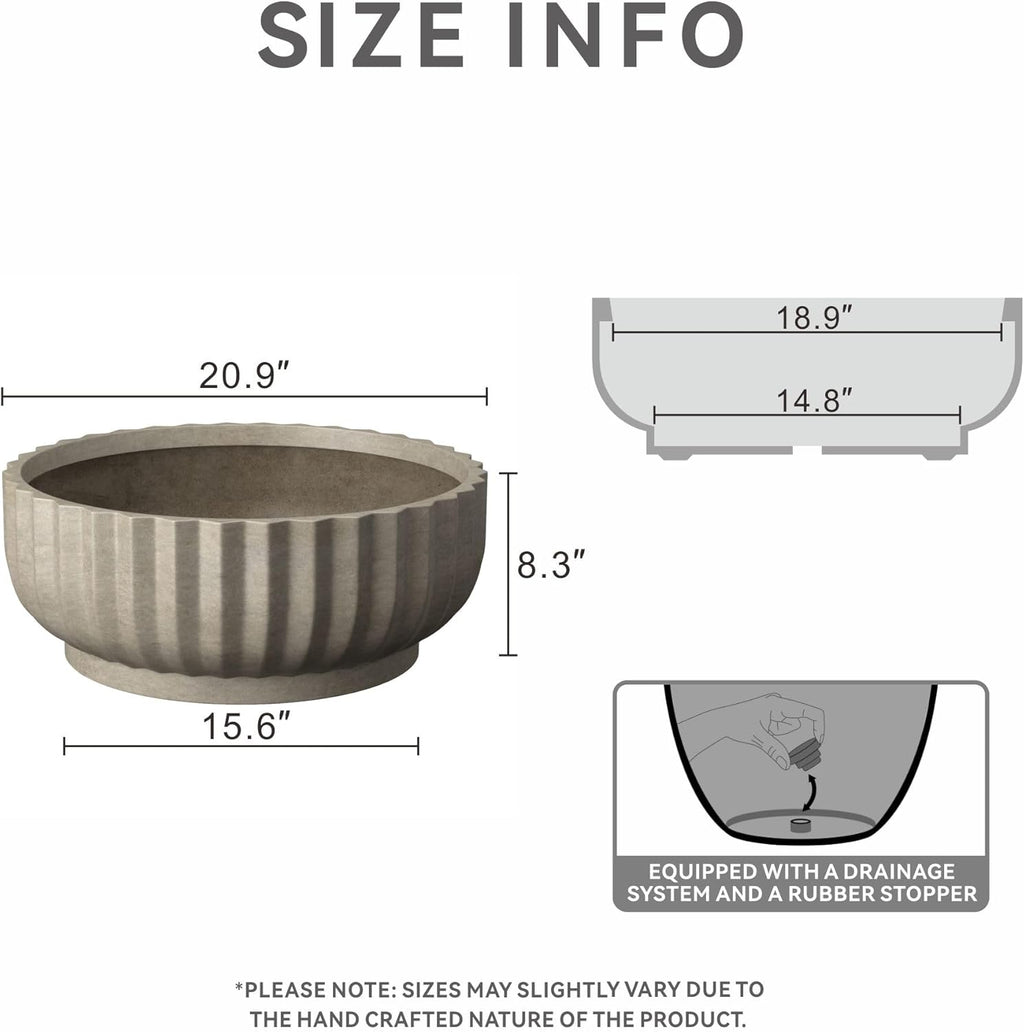 Kante Round Fulted Bowl Planter, 20.9 Inch Dia Large Concrete Flower Pots with Drainage Hole and Rubber Plug, Suitable for for Indoor Outdoor Plants, Home, Patio, Garden, Weathered Concrete