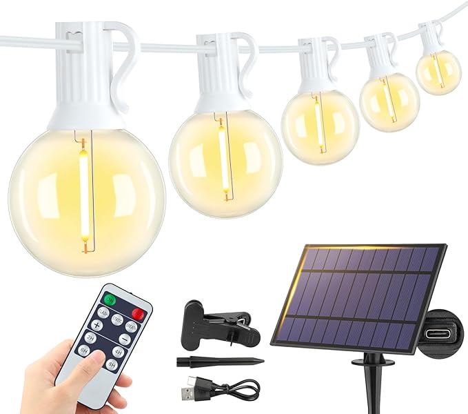 25FT Solar String Lights Outdoor with Remote, Waterproof Dimmable 3 Modes Patio Lights with 10+1 LED Shatterproof G40 Bulbs for Garden-White