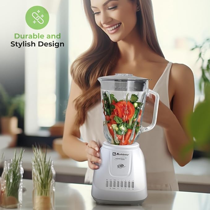 Koblenz 51-oz Glass Jar Blender, 10 Speed and 2 Pulse Blender, Countertop Blender with Stainless Steel Blades, Perfect for Shakes and Smoothies, 500-Watt Motor, White, LKM-5910 VB