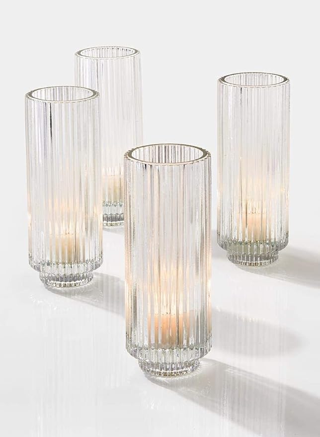 Serene Spaces Living Slim Clear Ribbed Glass Votive Holder, Decorative Centerpiece for Wedding, Christmas, Thanksgiving, Living Room, Home Décor, 2.25" Diameter & 6.25" Tall, Pack of 24