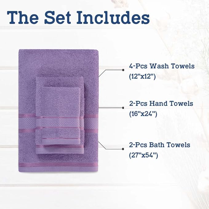 Casa Lino Bath Towel Set of 8 (2 Bath Towels, 4 Wash Cloths & 2 Hand Towels for Bathroom) - 100% Cotton - Highly Absorbent & Quick Dry - Guest Room Essentials for Bathroom Set - (Purple)