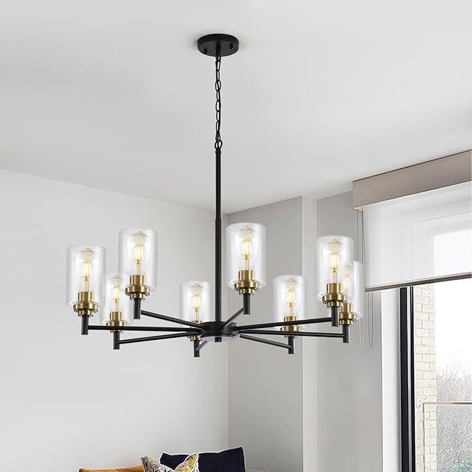 9MMML 8 Lights Black and Gold Chandelier, Modern Glass Ceiling Chandelier Light Fixture, Large Ceiling Hanging Light for Dining Room, Living Room, Bedroom, Kitchen, Over Table, Foyer, E26 Base
