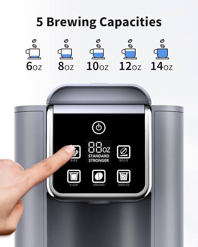 Hot & Iced Coffee Maker with Bold Setting, Single Serve Coffee Maker for K Cup and Grounds, 6-14 Oz Brew Sizes, 50 Oz Removable Water Tank, One Cup Coffee Machine with Reusable Filter, Grey