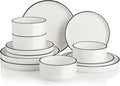 Sweejar Porcelain Dinnerware Sets for 4, 12 Pieces Ceramic Plates and Bowls Set, Classic Modern Simple Kitchen Dinner Dining Ware Set, Dishwasher and Microwave Safe Dishes Sets(Pure White-Black Rim)