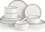 Sweejar Porcelain Dinnerware Sets for 4, 12 Pieces Ceramic Plates and Bowls Set, Classic Modern Simple Kitchen Dinner Dining Ware Set, Dishwasher and Microwave Safe Dishes Sets(Pure White-Black Rim)