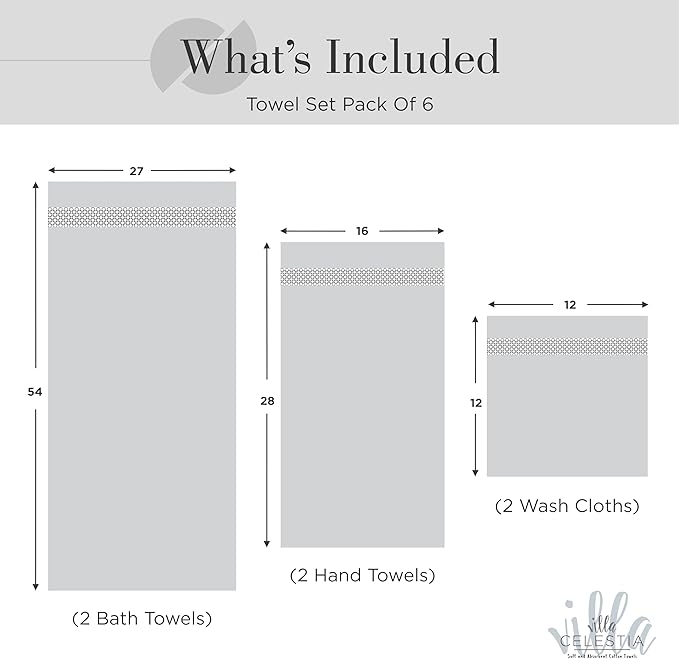 100% Combed Cotton Bathroom Towel Set of 6- 2 Bath Towels, 2 Hand Towels, 2 Wash Cloths, Sustainable, Soft, Highly Absorbent 6 Piece Cotton Bath Towel Set Ideal for Hotels, Spa, Bathroom, Dorm, White