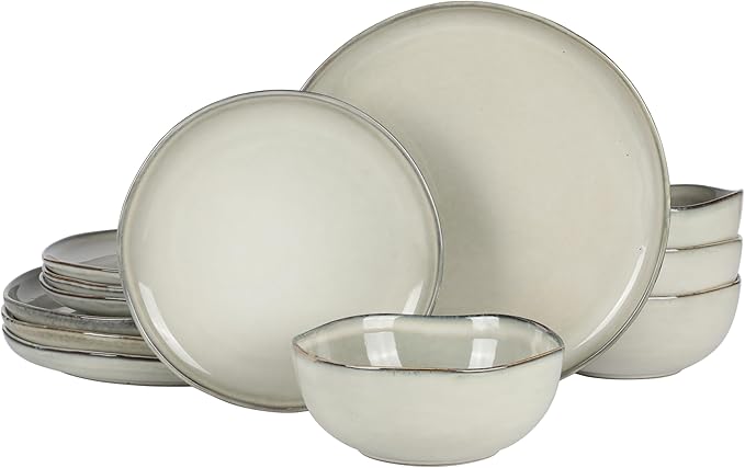Gibson Elite Nardini 12 Piece (Service for 4) Plates and Bowls Reactive Glaze Dishes Stoneware Ceramic Dinnerware Set - Moon White