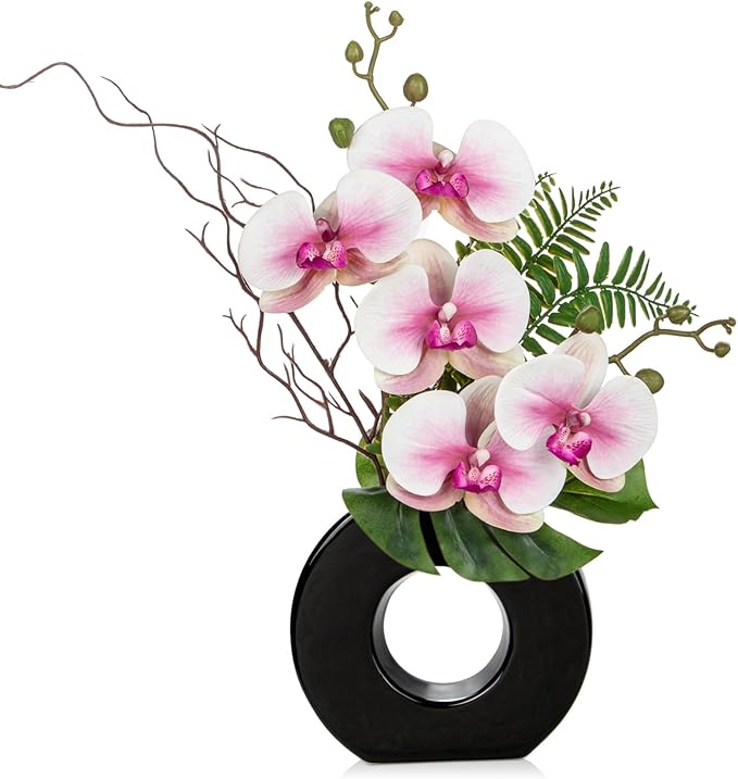Briful Pink Orchid Fake Flowers with Vase, 16.1'' Artificial Orchid Silk Flowers Faux Orchid Arrangement for Home Office Dining Room Table Centerpiece Modern Decoration