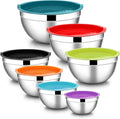 E-far Stainless Steel Mixing Bowls with Lids, 7-Piece Metal Nesting Bowls with Colorful Airtight Lids for Saving Storage Space, Size 7, 4.6, 3, 2, 1.5, 1, 0.7QT, Great for Baking/Cooking/Prepping