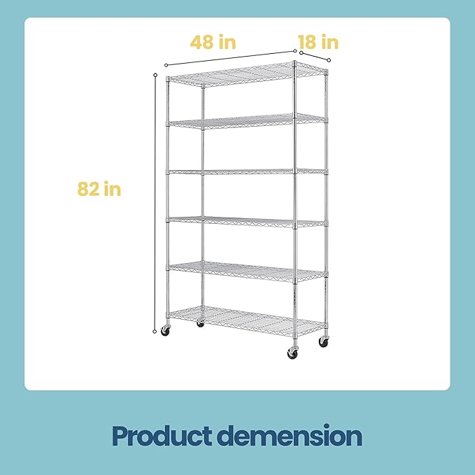 48" D×18" W×82" H Wire Shelving Unit Metal Shelf with 6 Tier Casters Adjustable Layer Rack Strong Steel for Commercial Restaurant Garage Pantry Kitchen Garage，Chrome