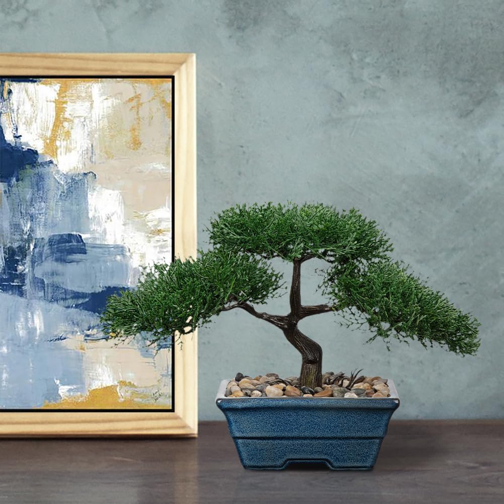 Artificial Bonsai Tree Juniper Faux Plants Indoor Fake Plants Decor with Blue Ceramic Pots for Home Table Office Desk Bathroom Shelf Bedroom Living Room Farmhouse Decorations-Pine