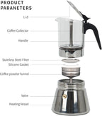 Stovetop Espresso Maker, 6Cup 240ml Classic Moka Pot, Crystal Glass-top & Stainless Steel Coffee Maker Mocha Pot, Greca De Cafe, Cuban and Italian Coffee Maker for Cafetera Cubana