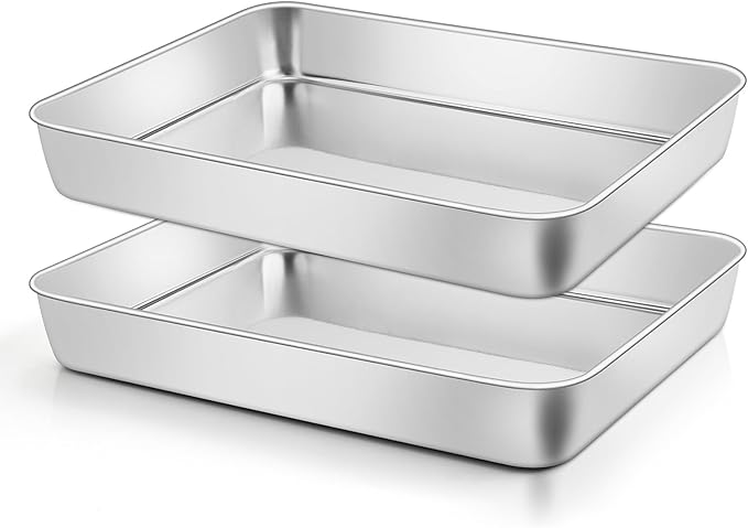 Leonyo Rectangular Cake Pan, 12⅓ x 9¾ x 2 Inch Stainless Steel Baking Trays, Nonstick & Oven Safe, Deep Lasagna Pan for Focaccia, Bread, Brownies, Casseroles