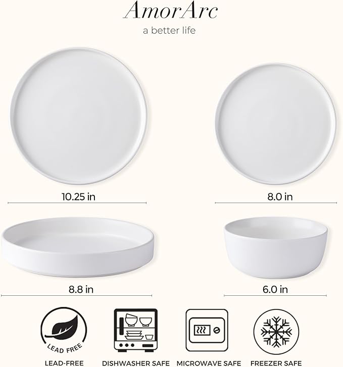 AmorArc Stoneware Dinnerware Sets with Pasta Bowl Set, Reactive Ceramic Plates and Bowls Set, Highly Chip and Crack Resistant | Dishwasher & Microwave Safe | Round Dishes Set Service for 4 (16pc)