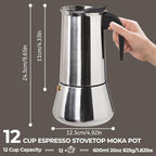 12 Cup 600ml Moka Pot Stainless Steel Espresso Coffee Maker Stovetop Percolator Coffeemaker Italian Classic Style Brewing Greca Cafe Mocha Machine for Cafeteras Lover Camping Travel and Home Use 20oz