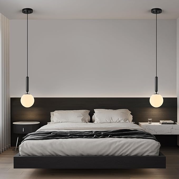 Modern Hanging Light Fixture Pendant Lighting for Kitchen Island Mid Century Black Pendant Lights with Globe Milky White Glass Pendant Light for Bedroom Bathroom Entryway (1 Pack)