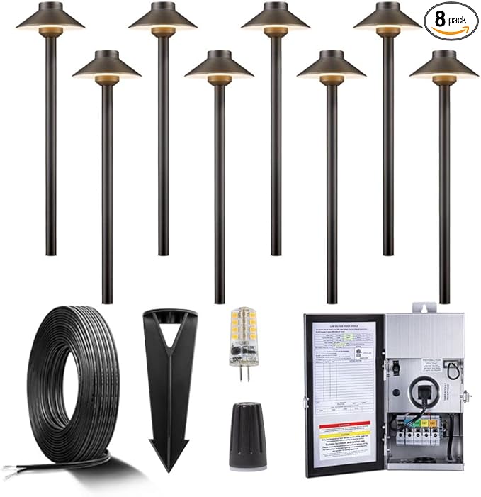 Brass Low Voltage Pathway Lights Kit(8 Pack) 12V LED with 150W Low Voltage Transformer and Mechanical Timer and 100 Feet Wire and 40Pack Connectors for Outdoor House Garden Sideway