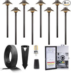 Brass Low Voltage Pathway Lights Kit(8 Pack) 12V LED with 150W Low Voltage Transformer and Mechanical Timer and 100 Feet Wire and 40Pack Connectors for Outdoor House Garden Sideway