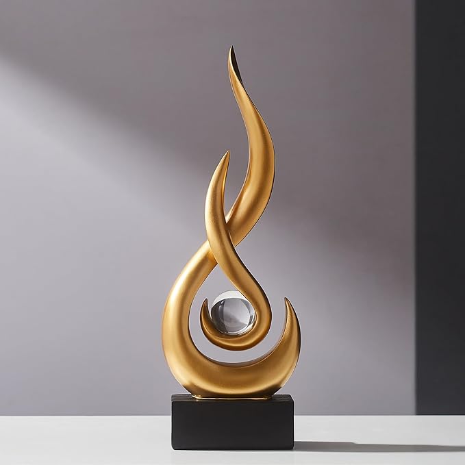 AWNR Modern Gold Sculpture Decor: Flame Statue with Glass Ball Resin Abstract Art Figurines Unique Centerpiece for Home Living Room TV Stand Coffee Table Office Decor