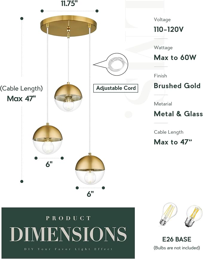 LMS Brushed Gold 3-Light Cluster Pendant Lights, Modern Kitchen Island Lighting with Clear Globe Glass Shade, Adjustable Hanging Cord Ceiling Light for Home Office Bathroom Dining Room, LMS-186BGC3