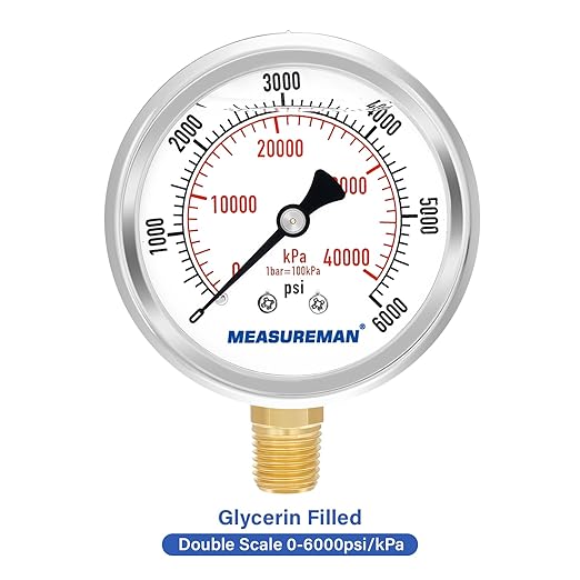 MEASUREMAN 2-1/2" Dial Size, Glycerin Filled Pressure Gauge, 0-6000psi/kpa, 304 Stainless Steel Case, 1/4" NPT Lower Mount
