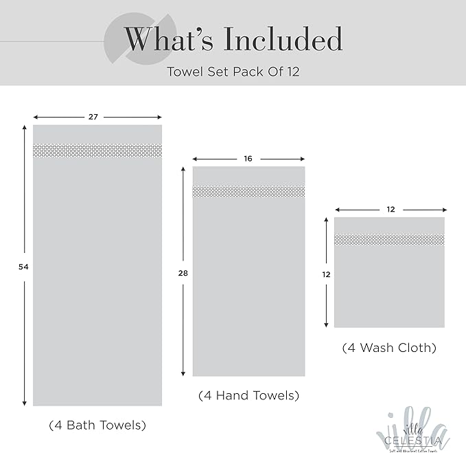 100% Cotton Bath Towel Set of 12-4 Bath Towels, 4 Hand Towels, 4 Wash Cloths, Sustainable, Soft, Highly Absorbent, Combed Cotton 12 Piece Set for Hotels, Spa, Bathroom, Dorm, White