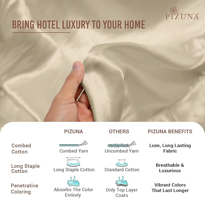 Pizuna Pure 100% Cotton Queen Duvet Cover Set, Luxurious 400 Thread Count Long Staple Cotton Sateen Weave with Button Closure (Combed Beige Cotton Duvet Cover Queen)
