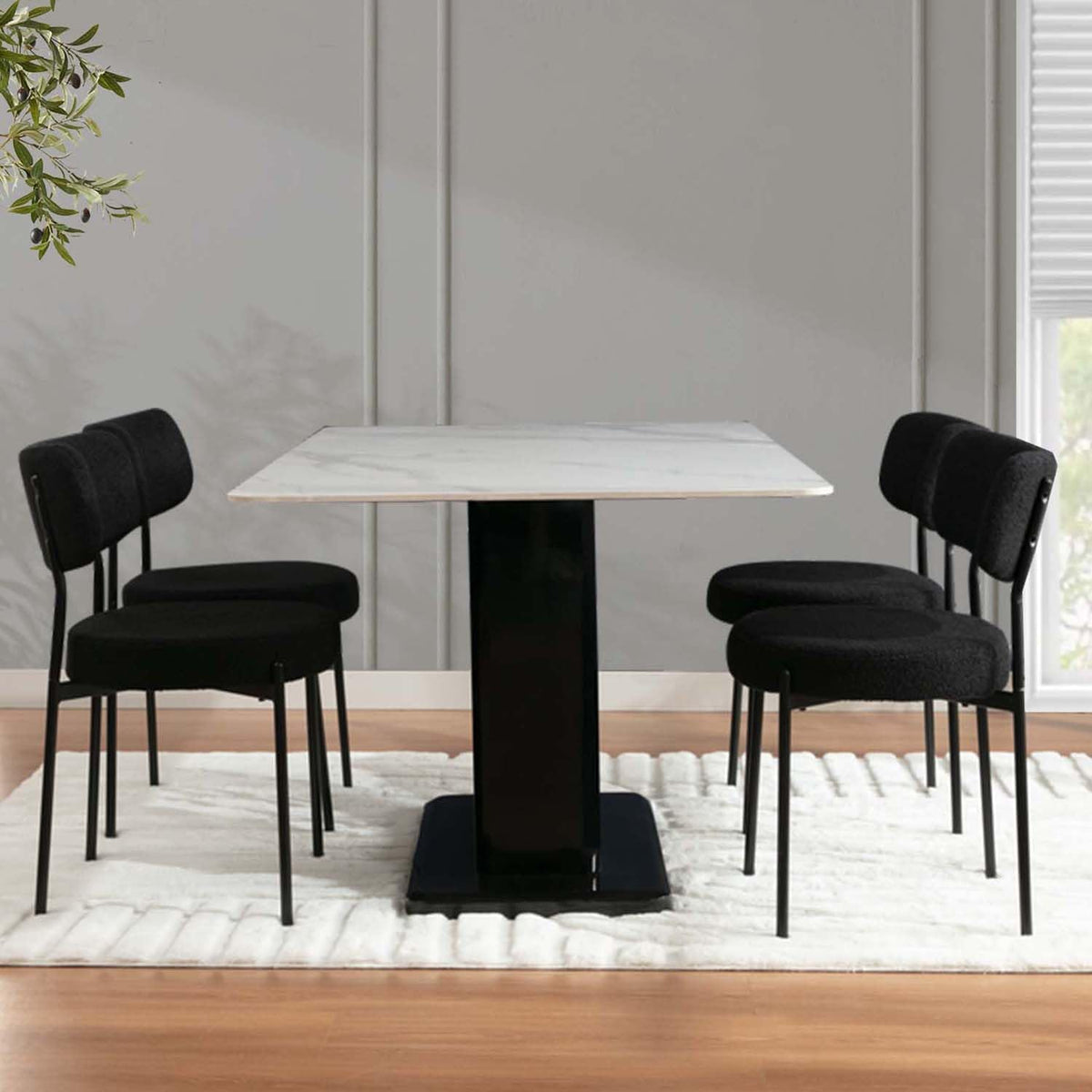 2.7" Black Dining Chairs Set of 6, Boucle Dining Chair with Curved Backrest & Metal Legs, Kitchen Chairs with Adjustable Non-Slip Foot Pads, Mid Century Dining Chair for Living Room