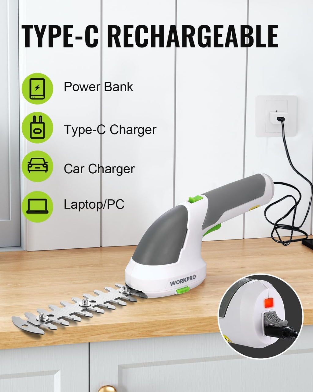 WORKPRO Cordless Grass Shear & Shrubbery Trimmer - 2 in 1 Handheld Hedge Trimmer 7.2V Electric Grass Trimmer Hedge Shears/Grass Cutter Rechargeable Lithium-Ion Battery and Type-C Cable Included