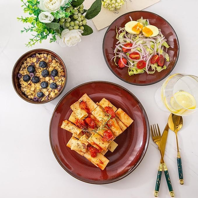 LeRatio Ceramic Dinnerware Sets for 6,Stoneware Plates and Bowls Sets,Handmade Reactive Glaze Dishes Set,Chip Resistant and Scratch Resistant | Oven&Dishwasher & Microwave Safe,Service for 6-Red