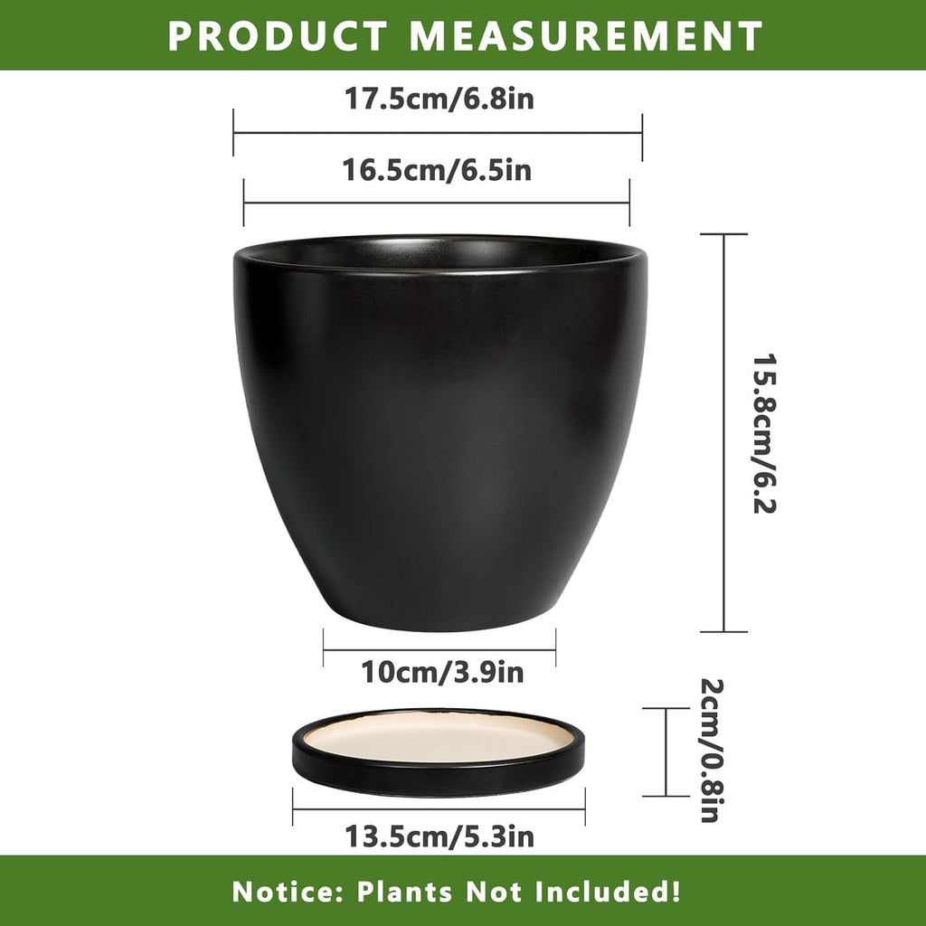 Ceramic Pots for Plants - 6.8 Inch Plant Pot with Drainage Hole and Saucer, Succulent Round Flower Planters for Indoor, Home Decor, Black