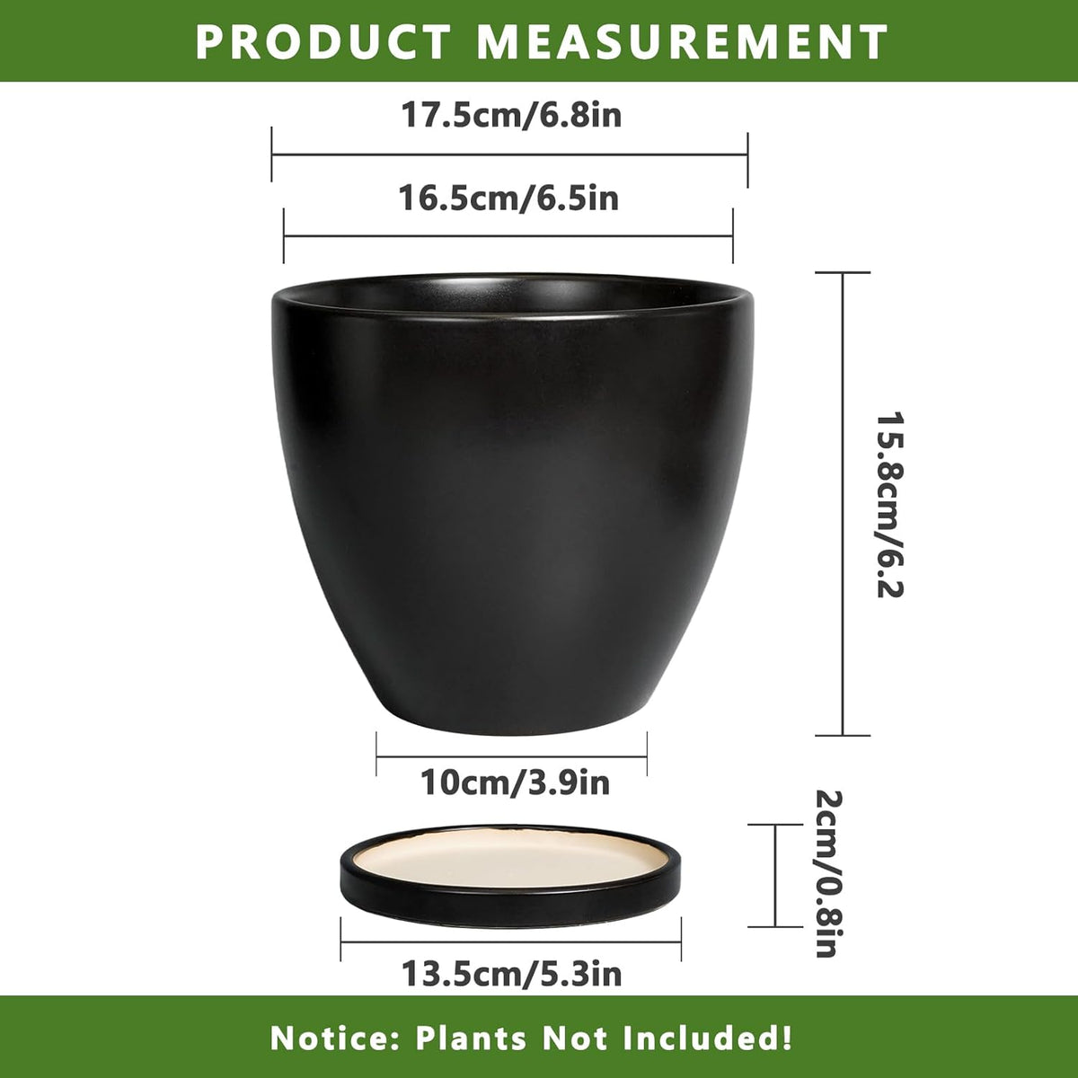 Ceramic Pots for Plants - 6.8 Inch Plant Pot with Drainage Hole and Saucer, Succulent Round Flower Planters for Indoor, Home Decor, Black