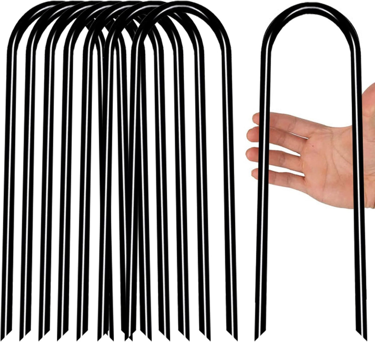 Heavy Duty Trampoline Anchors High Wind U-Shaped Sharp Ends Ground Anchor Galvanized Steel 11.8inch Safety Stakes for Soccer, Tents and Garden Decorations (Black 8pcs)