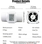 18W 12V Duct Extractor Fan 2” 50mm with 20mm PVC Pipe Interface 32 CFM Air Circulation Vent Blower for Heating Cooling Greenhouse (Color : Not Adjustable Speed, Size : 50mm/20mm)