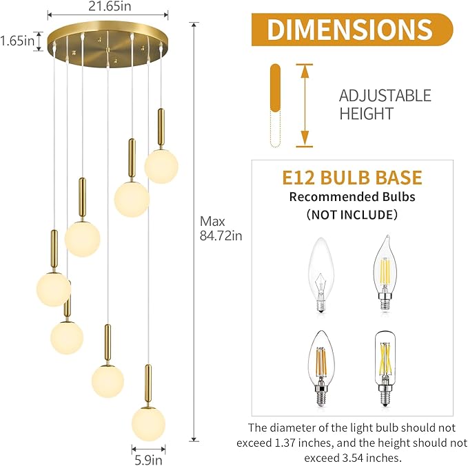 7-Lights Gold Chandelier with Milk White Glass Hanging Fixture Light for Kitchen Island Mid Century Modern Globe Pendant Light for Foyer Living Room Entryway Hallway