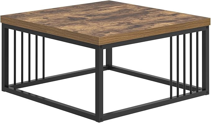 FOLUBAN Modern Coffee Table, Square Center Table for Living Room, Industrial Rustic Wood and Metal Cocktail Tea Table, 31.5 Inch, Brown