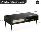 Farini Mid-Century Modern Coffee Table, 47 Inch Rectangle Console Table with Drawer & Shelf, Wooden Coffee Table for Living Room, Office, Black