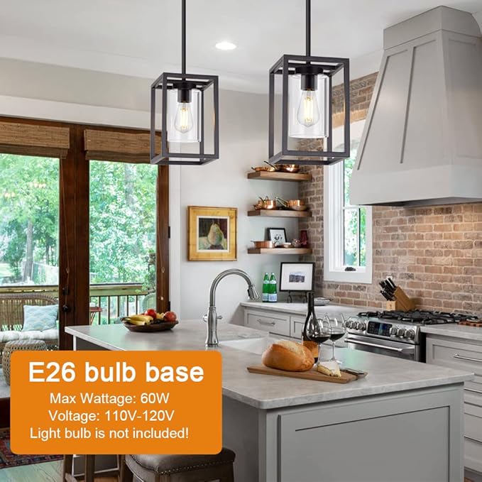 VINLUZ 1 Light Farmhouse Pendant Lighting Black Cage Chandelier Glass Shade Contemporary Modern Kitchen Island Lights Fixtures Ceiling Hanging Dining Room Living Room