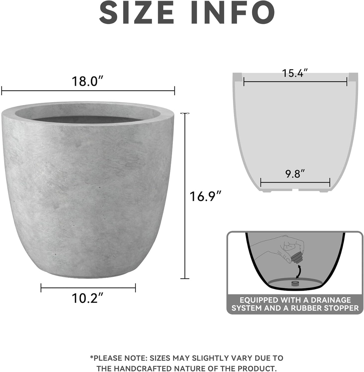 Kante 18 Inch Dia Round Concrete Planter, Indoor Outdoor Large Plant Pot with Drainage Hole and Rubber Plug for Home Patio Garden, Natural Concrete