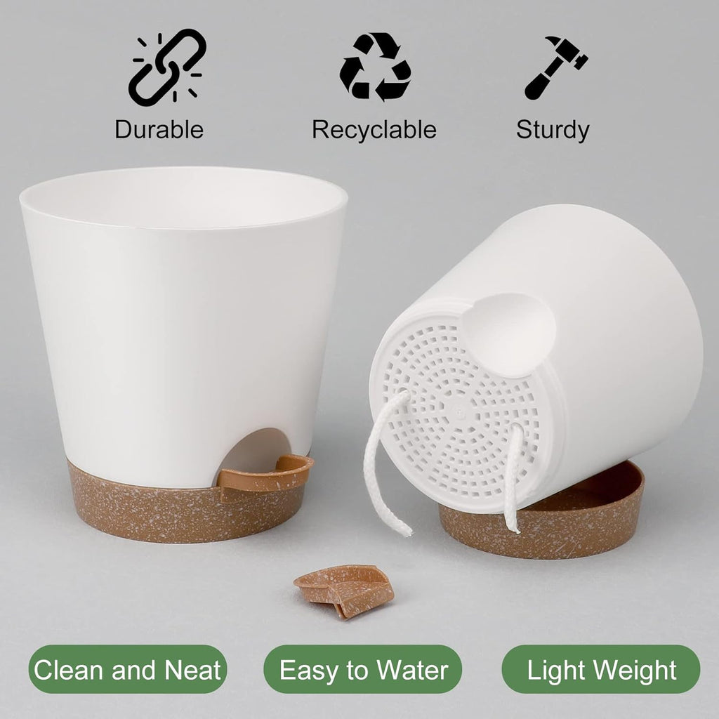 Indoor Self Watering Planters with Drainage Holes and Saucers, 8, 7, 6.5, 6, 5.5, 5 Inches, White, 6 Pots