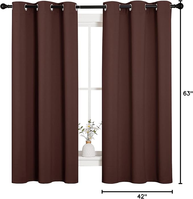 NICETOWN Nursery Essential Thermal Insulated Solid Grommet Top Blackout Curtains, Home Decoration Privacy Curtains for Bedroom (Chocolate Brown, 1 Pair, 42 x 63 inches)