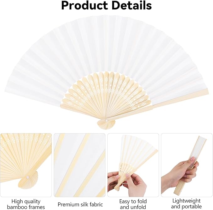 MCEAST 50 Pieces Silk Folding Fan with Bamboo Frames, Handheld Fan Folding Hand Fan Foldable Fan for Wedding Gifts, Party Favors, Home Decoration, Multicolor