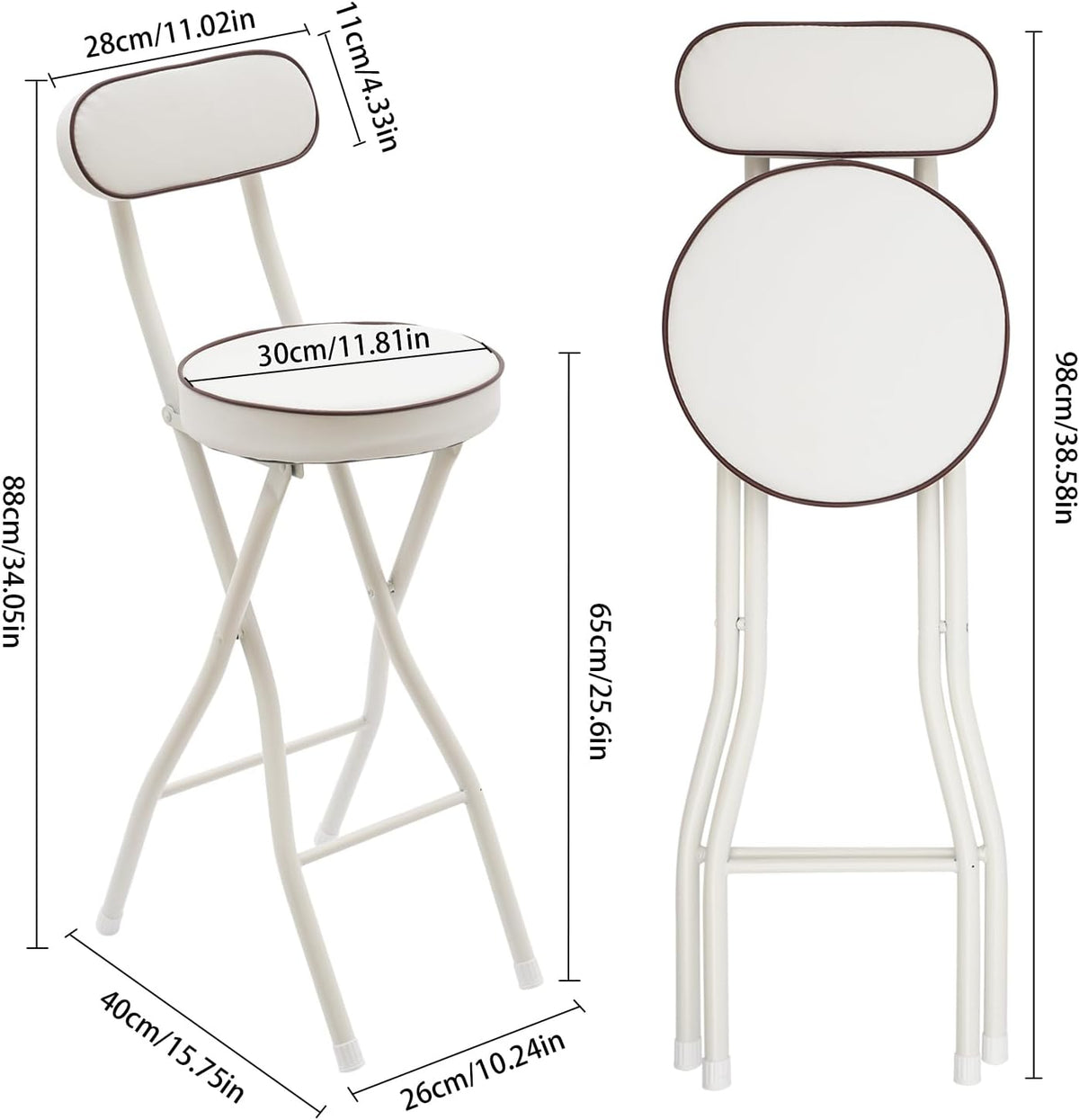 2 Pcs Folding Bar Stool with Backrest, 25.6in Tall Bar Stools with Padded Cushion and 275.58lbs Loading Weight, Counter Height Portable Chairs for Camping Hiking Picnics Barbecues Traveling (White)