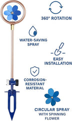 Metal Flower Sprinkler Head,Dual-Purpose Garden Decor & 360° Lawn Irrigation System,22-Inch Coverage Diameter (Copper/Blue)