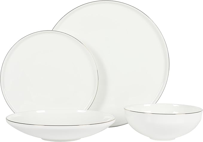 Gibson Elite Lana 16 Piece Bone China Double Plates and Bowls Dinnerware Set, White w/Gold Rim