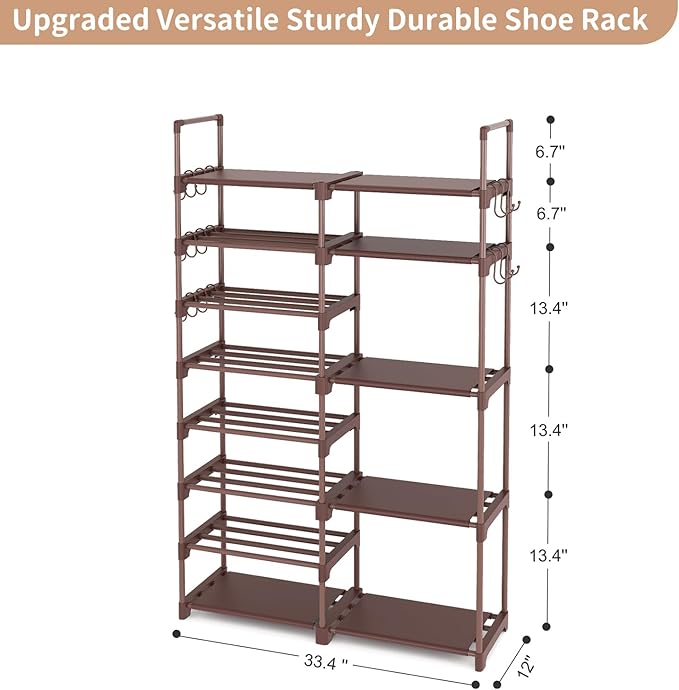 ROJASOP Shoe Rack Organizer, 8-Tier Metal Shoe Rack for Closet Entryway Garage, 26-32 Pairs Tall Shoe Boot Storage Shelf with 15 Hooks, Stackable Large Shoe Stand, Brown