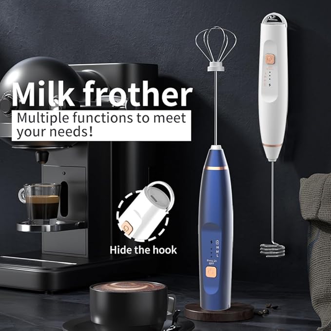Milk Frother Handheld Foam Maker with 2 Stainless Stirring Head 3 Speed Rechargeable Electric Blender Milk Frother Wand Drink Mixer for Cappuccino Matcha Latte Hot Chocolate Protein Powder Egg (Blue)
