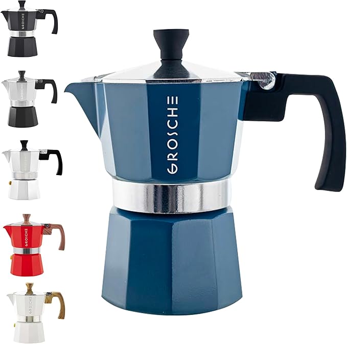 GROSCHE Milano Stovetop Espresso Maker Moka Pot 3 espresso Cup - 5 oz, Blue -Moka Espresso Coffee Maker Stove top coffee maker Moka Italian espresso greca coffee maker brewer percolator